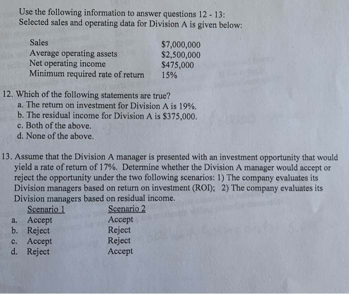 Solved Use the following information to answer questions 12 | Chegg.com