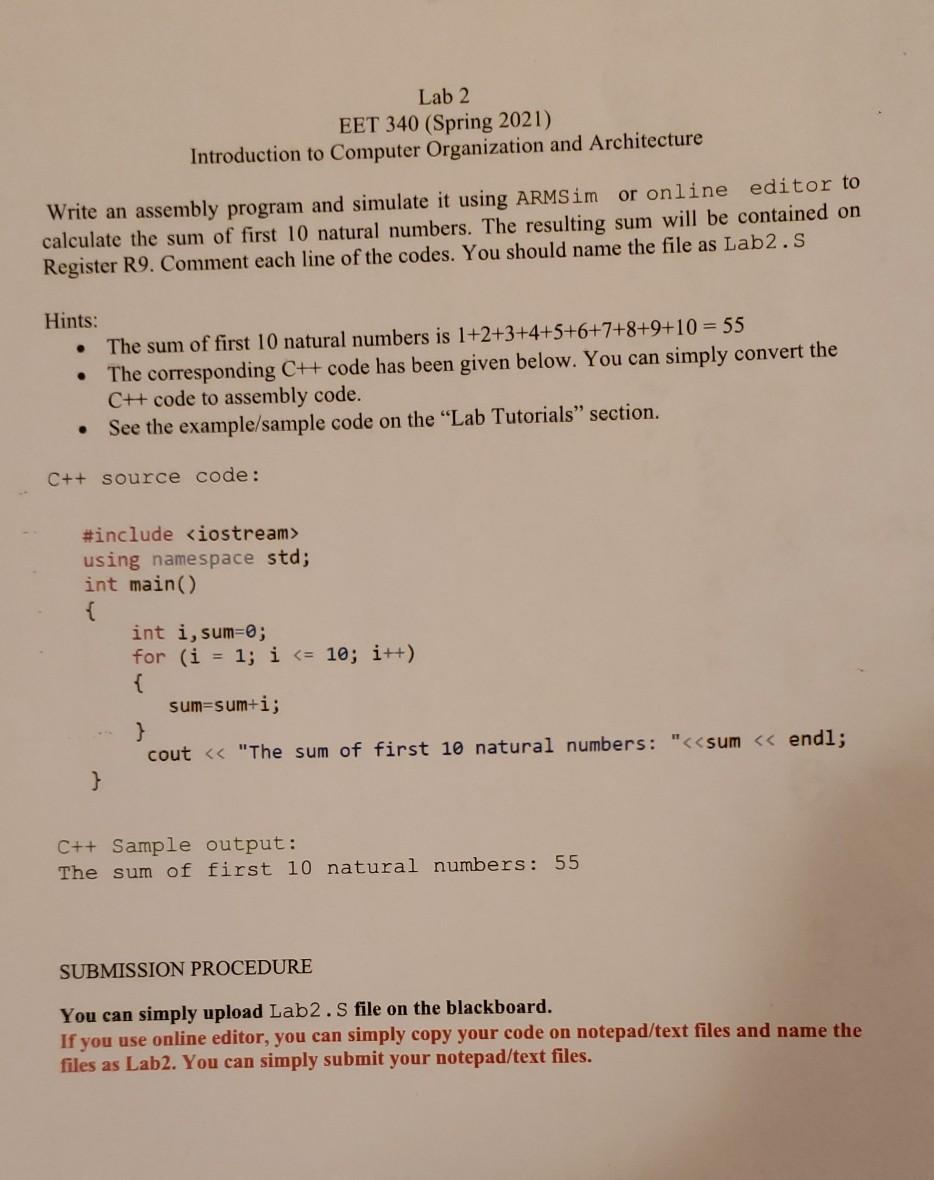 Solved Lab 2 EET 340 (Spring 2021) Introduction to Computer | Chegg.com