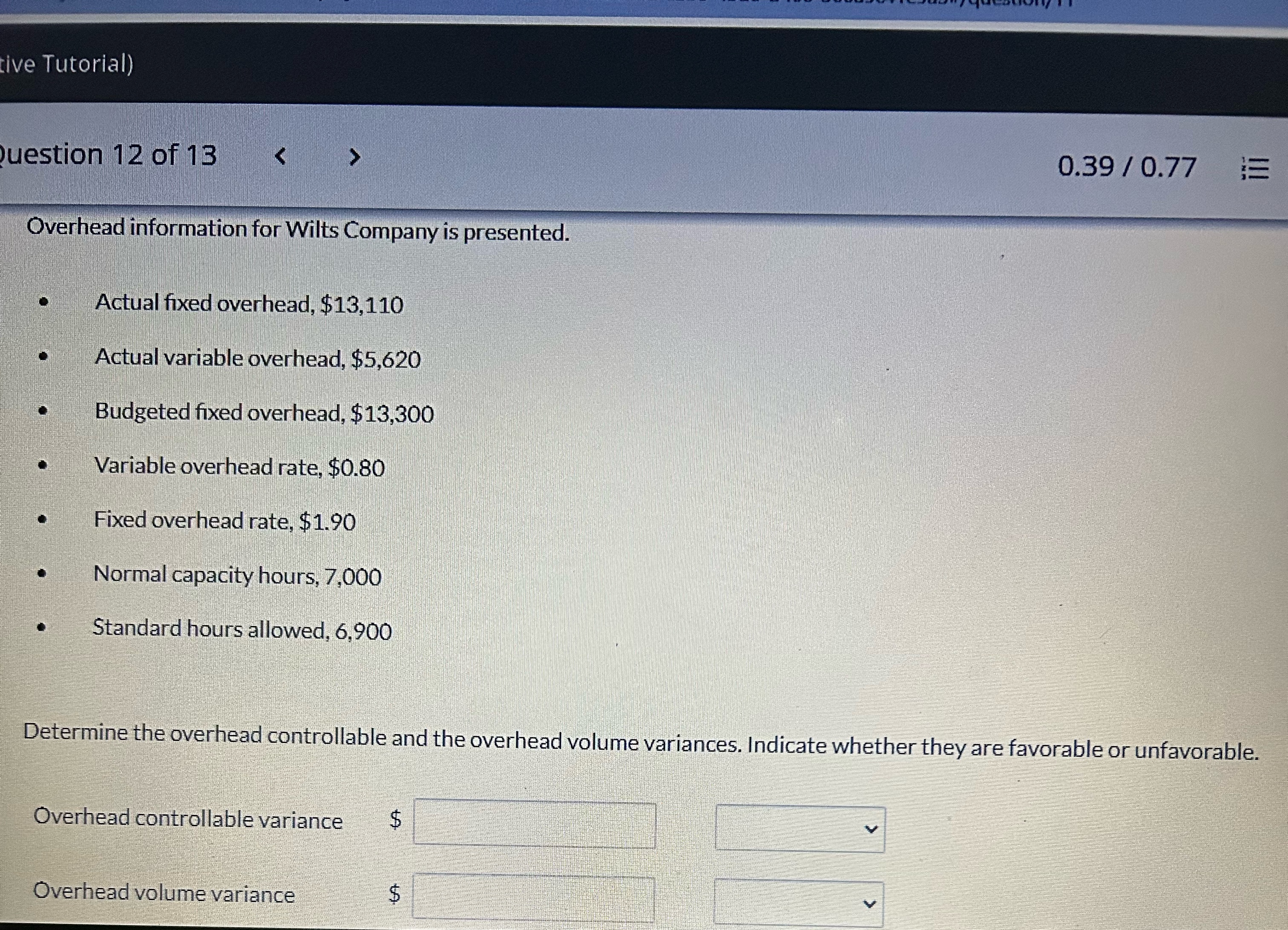 Solved ive Tutorial)uestion 12 ﻿of 130.390.77Overhead | Chegg.com
