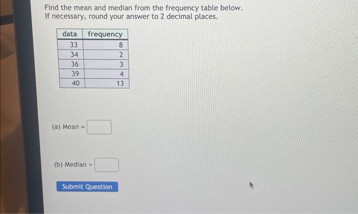 Solved Find the mean and median from the frequency table | Chegg.com