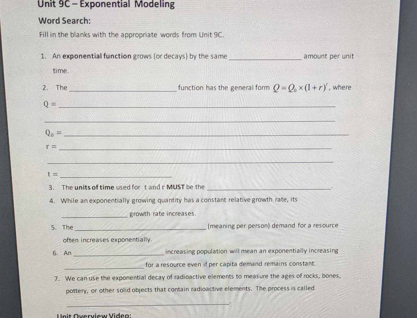 Solved Unit 9C - Exponential Modeling Word Search: Fill in | Chegg.com