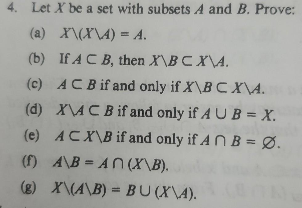 Solved 4 Let X Be A Set With Subsets A And B Prove A Chegg Com
