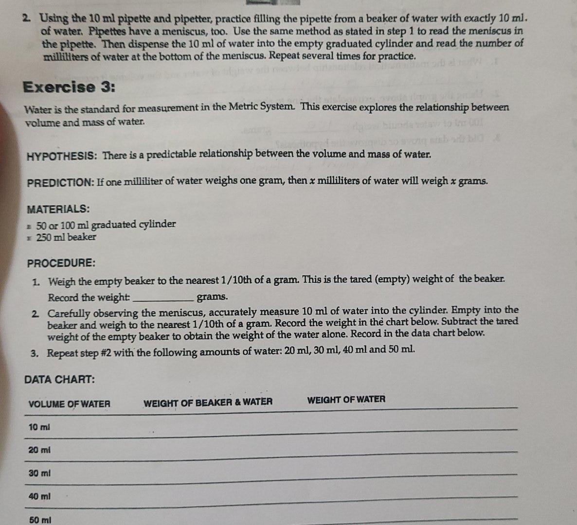 2 Using the 10 ml pipette and pipetter, practice