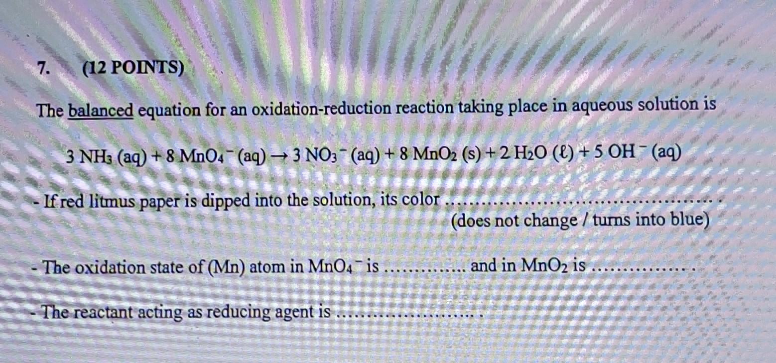 Solved The balanced equation for an oxidation-reduction | Chegg.com