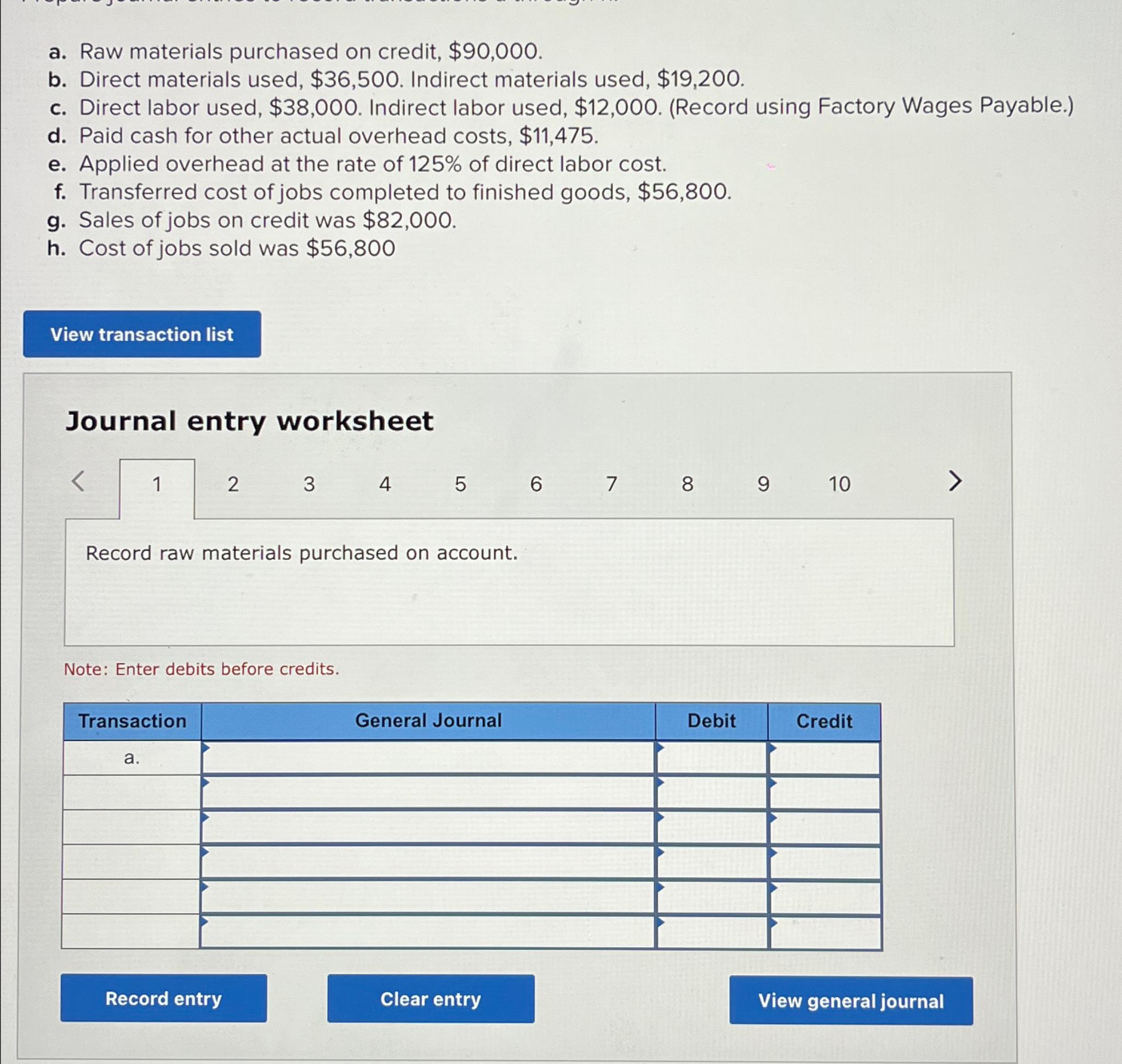 Solved a. Raw materials purchased on credit, $90,000.\\nb. | Chegg.com