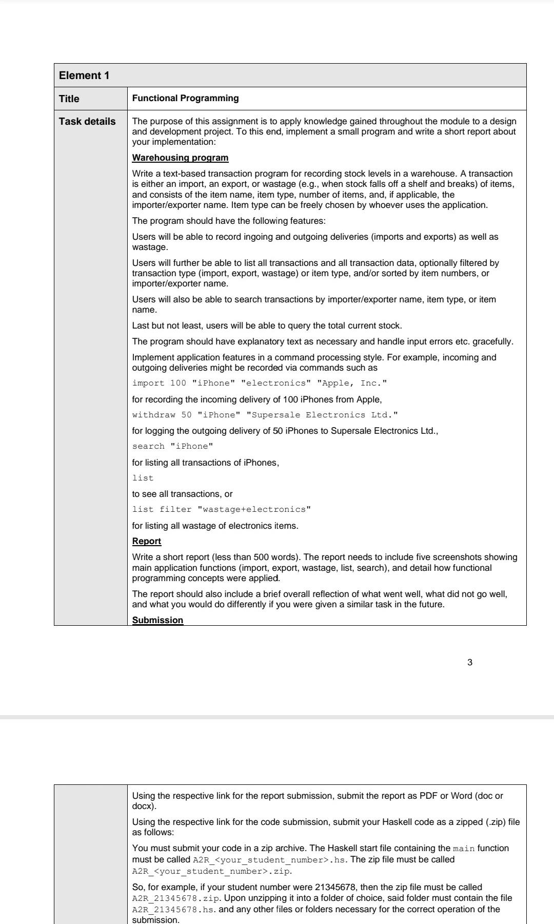 Solved Element 1 Title Functional Programming Task details | Chegg.com