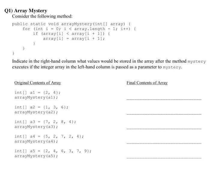 Solved (1) Array Mystery Consider The Following Method: | Chegg.com