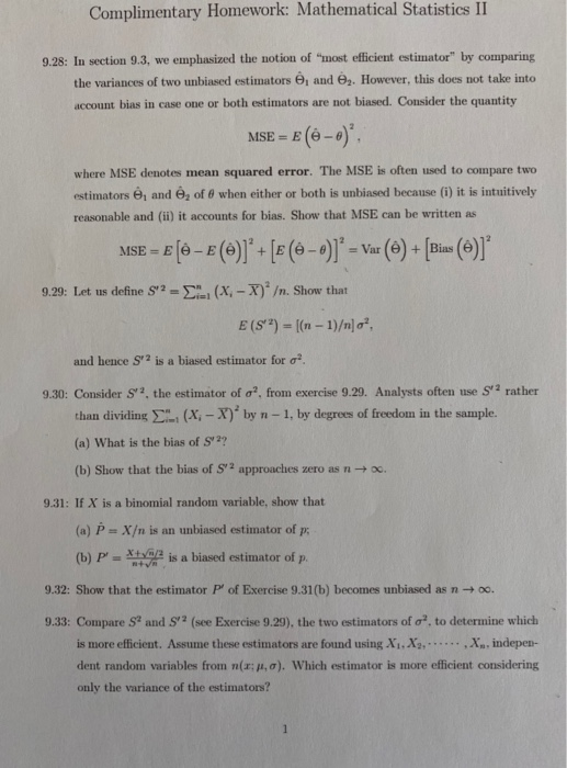 Solved Complimentary Homework: Mathematical Statistics II | Chegg.com