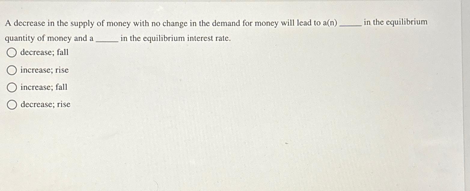 Solved A decrease in the supply of money with no change in | Chegg.com