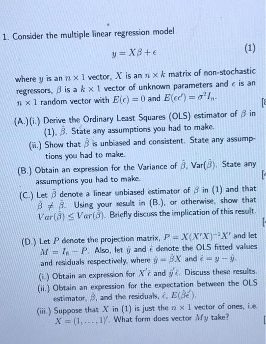 Solved 1. Consider the multiple linear regression model (1) | Chegg.com