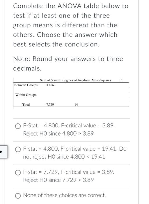 Solved Complete the ANOVA table below to test if at least | Chegg.com