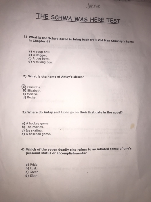 Jackie The Schwa Was Here Test 1 What Is The Schwa Chegg 