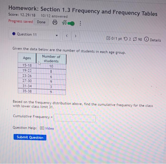 Solved Homework: Section 1.3 Frequency and Frequency Tables | Chegg.com