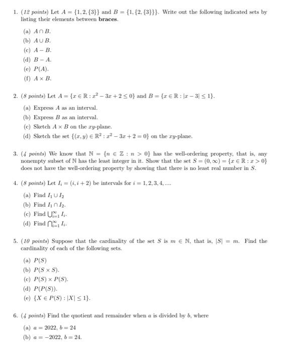 Solved 1. (12 Points) Let A = {1,2,{3}} And B = {1, | Chegg.com