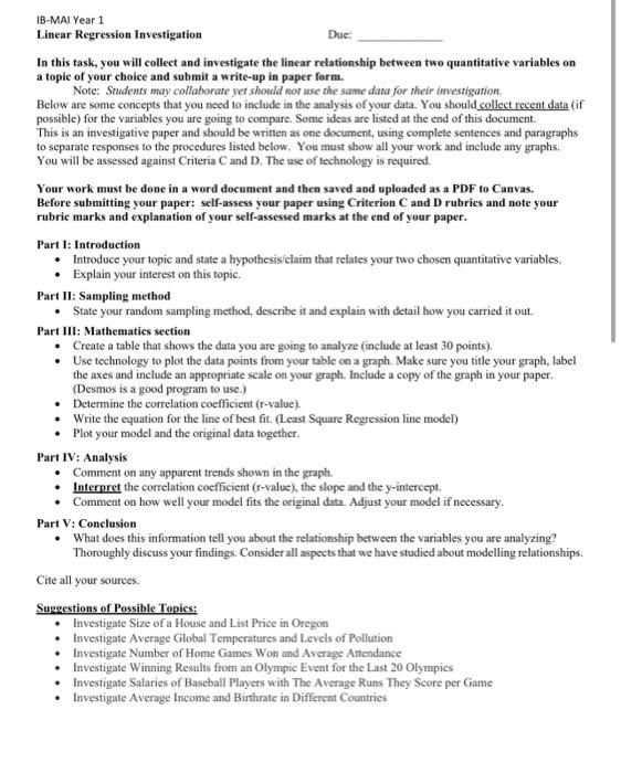 IB-MAI Year 1 Linear Regression Investigation Due: In | Chegg.com