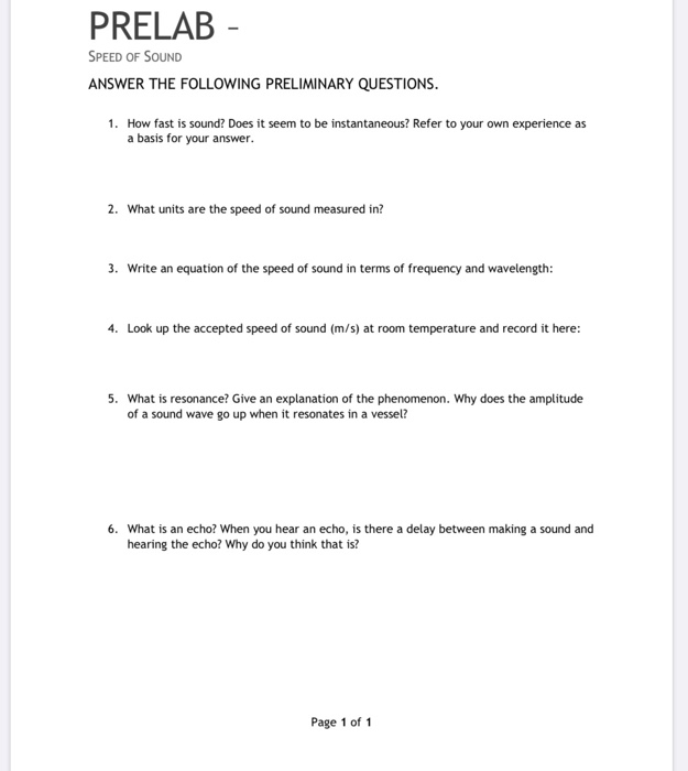 Solved PRELAB - SPEED OF SOUND ANSWER THE FOLLOWING | Chegg.com