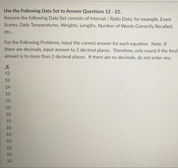 Solved Use the following Data Set to Answer Questions 1 - | Chegg.com