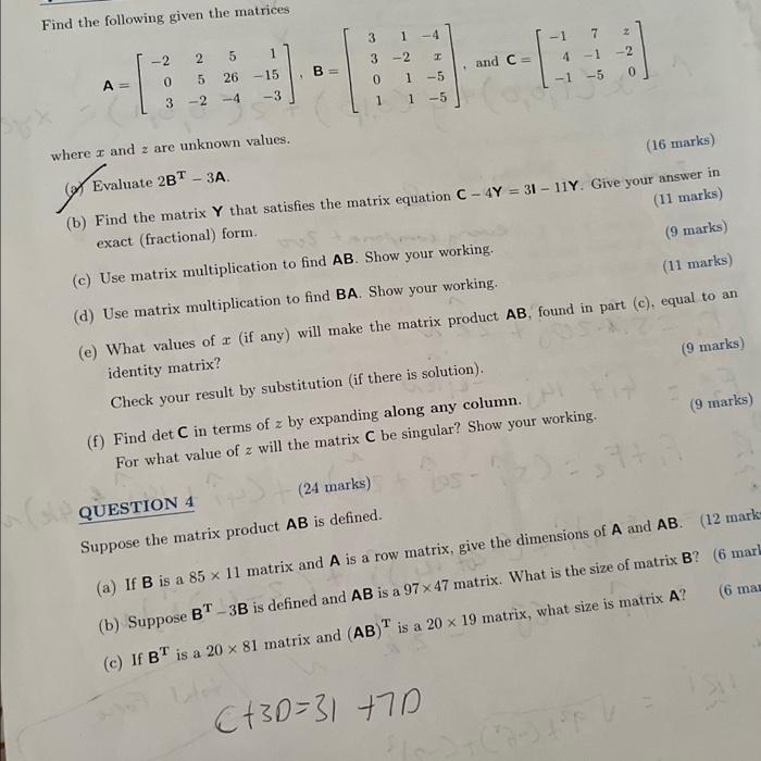 Solved Find the following given the matrices | Chegg.com
