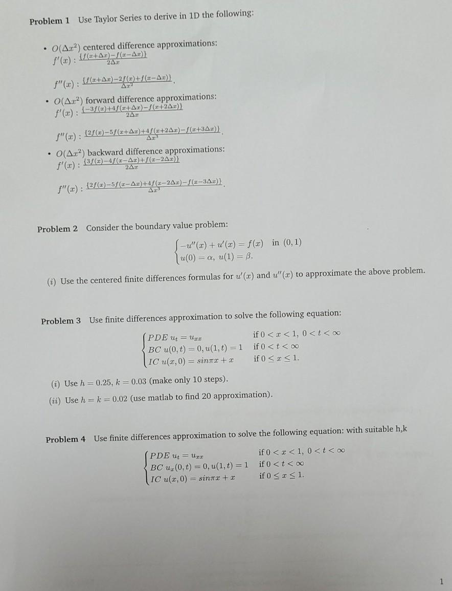 Solved Problem 1 Use Taylor Series To Derive In Id The Fo Chegg Com