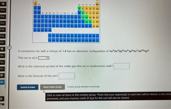 A monatomic ion with a charge of \( +2 \) has an electronic configuration of \( 1 s^{2} 2 s^{2} 2 p^{6} 3 s^{2} 3 p^{6} 4 s^{