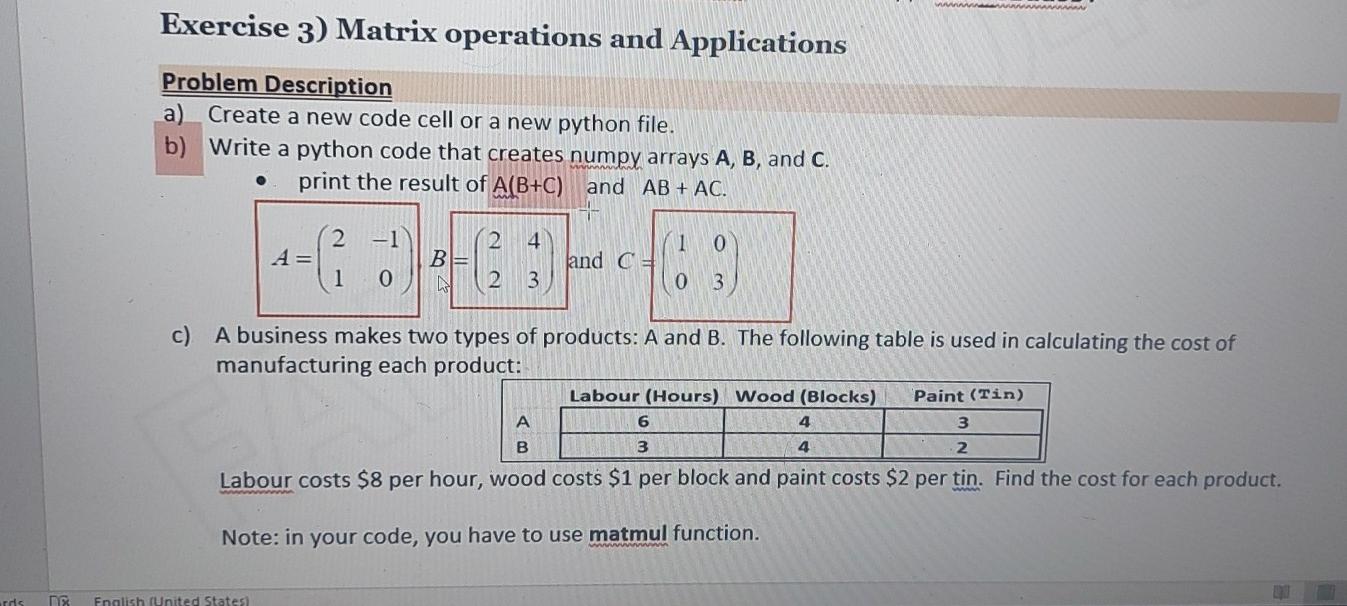 Solved Exercise 3) Matrix operations and Applications | Chegg.com