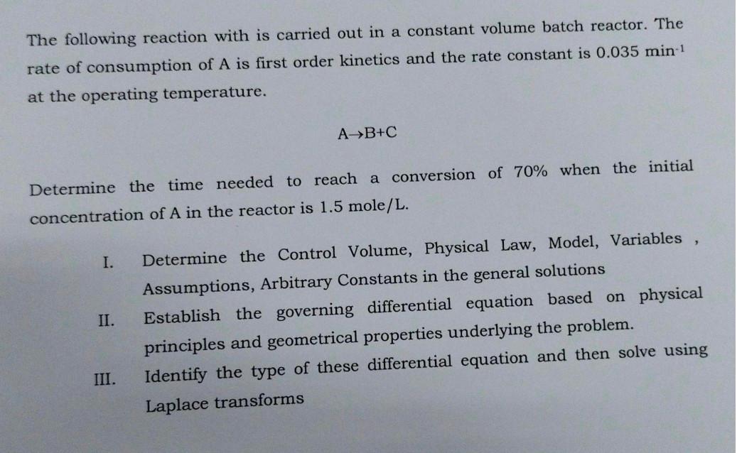 The following reaction with is carried out in a constant volume batch reactor. The rate of consumption of \( \mathrm{A} \) is