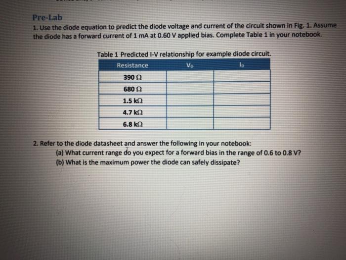 Solved Pre-Lab 1. Use the diode equation to predict the | Chegg.com