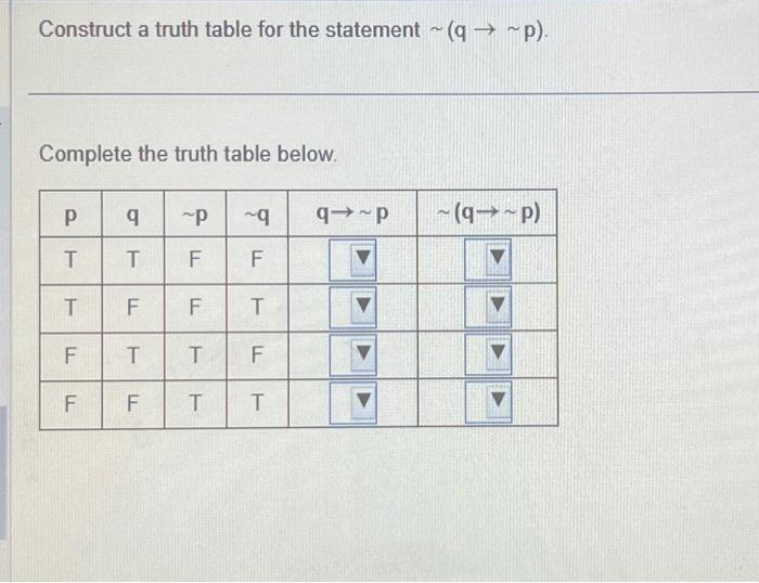 Solved Construct a truth table for the statement ∼(q→∼p). | Chegg.com