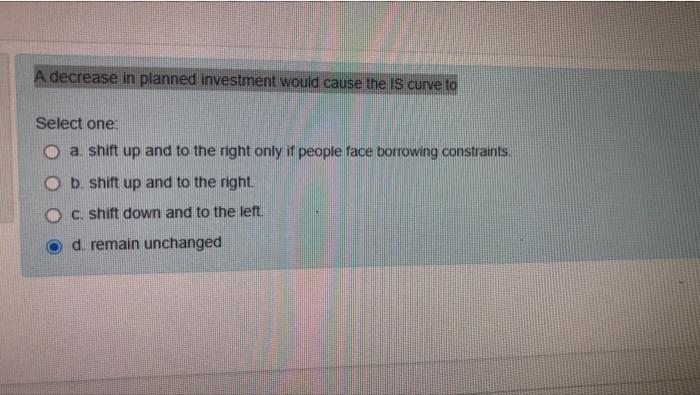 Solved A decrease in planned investment would cause the iS | Chegg.com