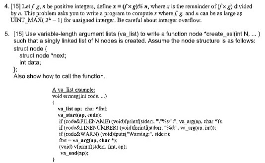 4. [15] Let f. g, n be positive integers, define x (x g)% n, where x is the remainder of (fx g) divided by n. This problem as