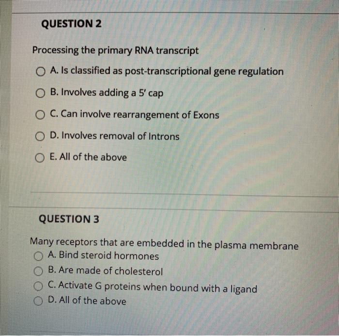 Solved QUESTION 2 Processing the primary RNA transcript O A. | Chegg.com