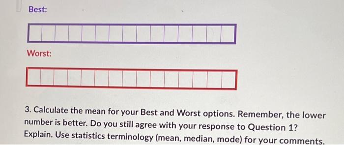 Best:
Worst:
3. Calculate the mean for your Best and Worst options. Remember, the lower number is better. Do you still agree 