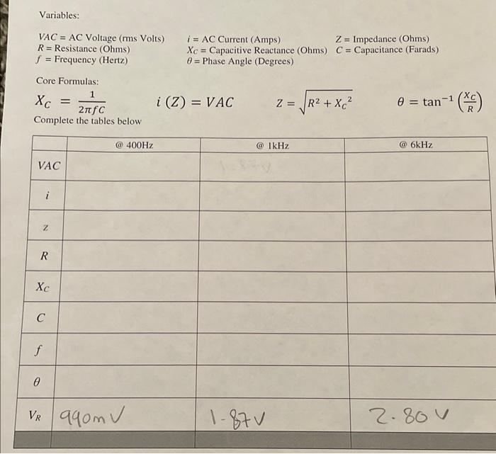 Variables: VAC= AC Voltage (rms Volts) R= Resistance | Chegg.com