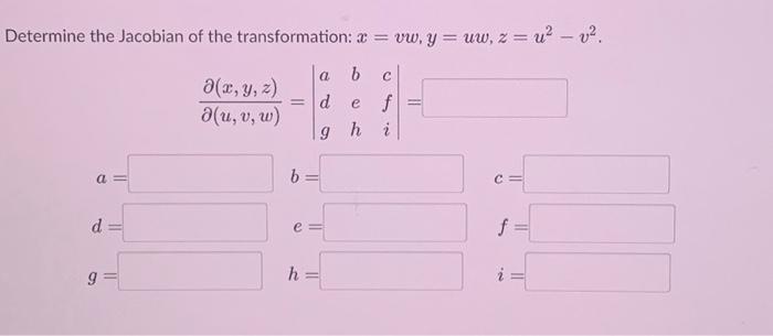 Determine the Jacobian of the transformation: \( x=v w, y=u w, z=u^{2}-v^{2} \). \[ \frac{\partial(x, y, z)}{\partial(u, v, w