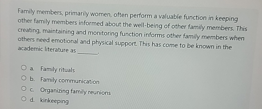 Solved Family members, primarily women, often perform a | Chegg.com