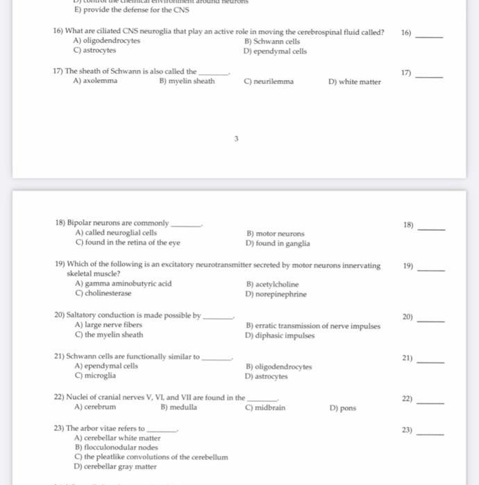 Solved 16) E) provide the defense for the CNS 16) What are | Chegg.com