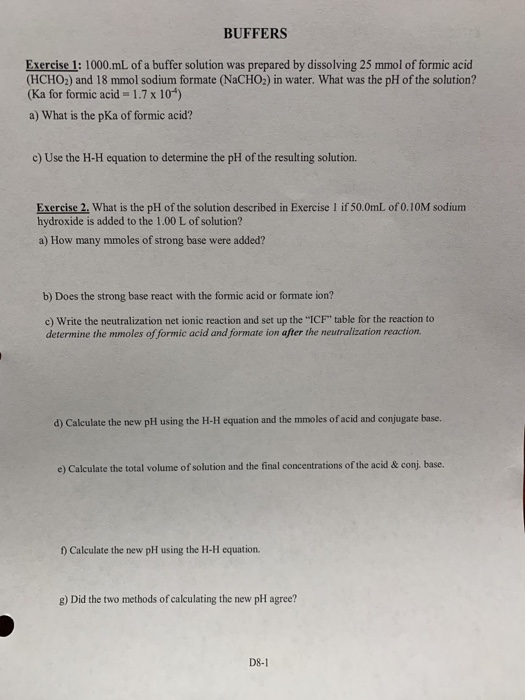 Solved BUFFERS Exercise 1: 1000.mL Of A Buffer Solution Was | Chegg.com