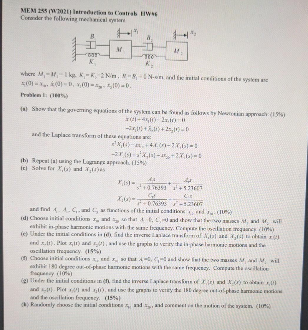 Solved MEM 255 (W2021) Introduction to Controls HW#6 | Chegg.com