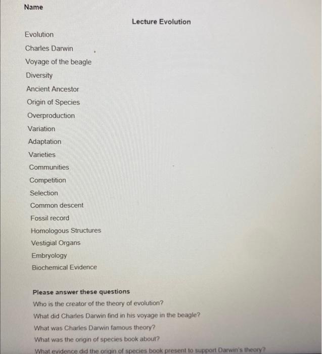 Name Lecture Evolution Evolution Charles Darwin | Chegg.com