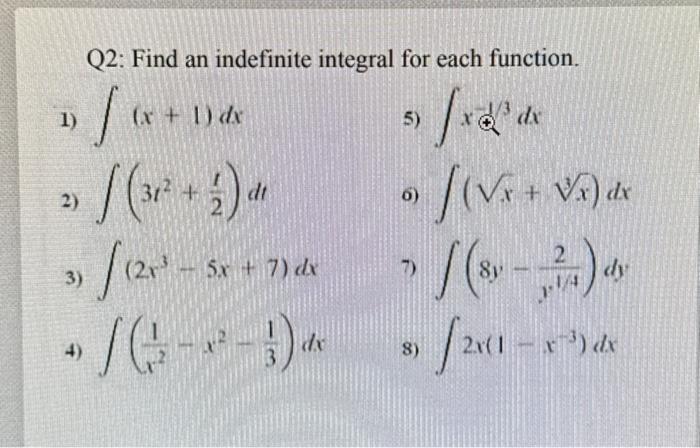 Solved Q2: Find an indefinite integral for each function. 1) | Chegg.com