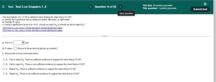 Solved = Test: Test 3 on Chapters 7,8 Question 14 of 20 This | Chegg.com