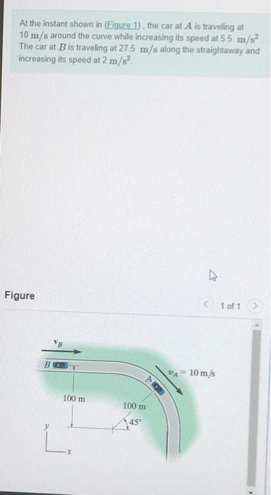 Solved At the instant shown in (Figure 1), the car at A is | Chegg.com