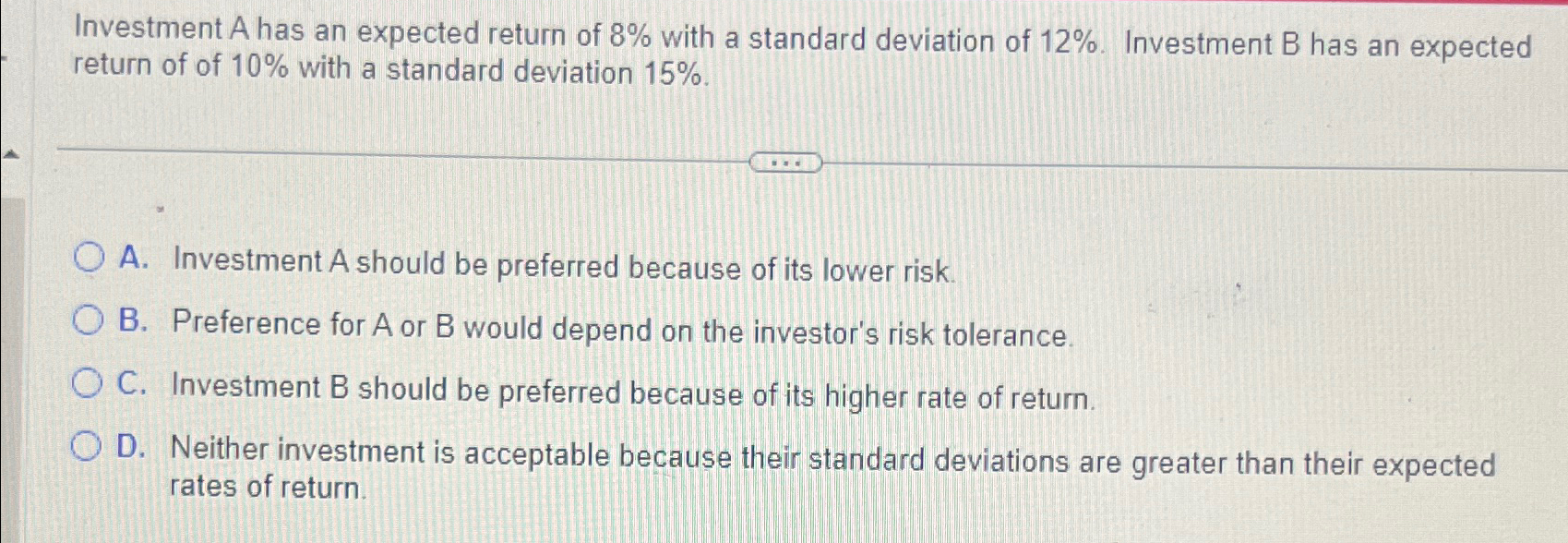 Solved Investment A has an expected return of 8% with a | Chegg.com