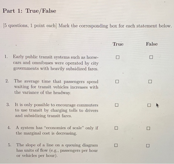 Solved Part 1: True/False (5 questions, 1 point each] Mark | Chegg.com