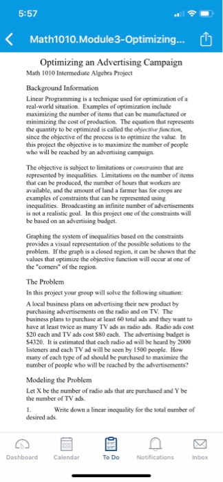 5:57 Math1010. Module 3-Optimizing... Optimizing an | Chegg.com