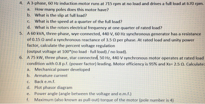 Solved u A 3-phase, 60 Hz induction motor runs at 715 rpm at | Chegg.com