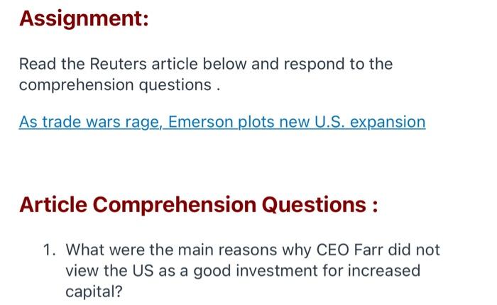 Solved Assignment: Read the Reuters article below and | Chegg.com