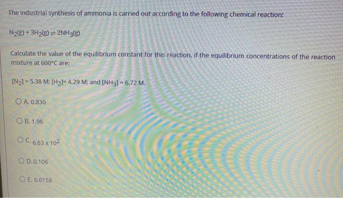 Solved The industrial synthesis of ammonia is carried out | Chegg.com