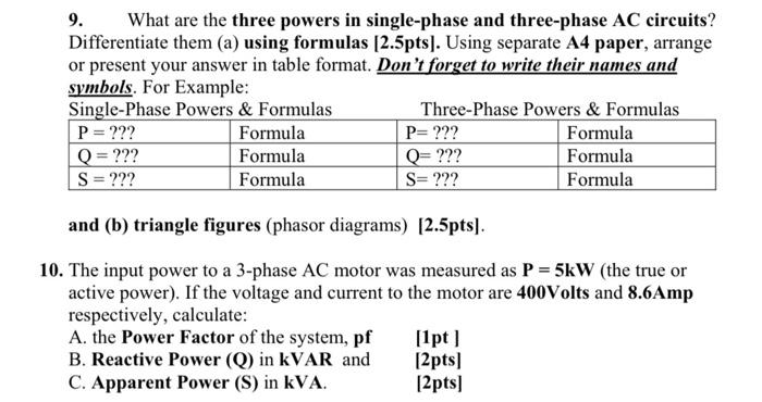 Solved 9. What are the three powers in single-phase and | Chegg.com