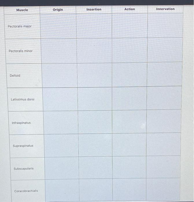 Solved Muscle Origin Insertion Action Innervation Pectoralis | Chegg.com